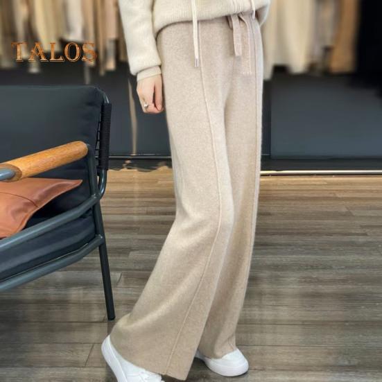 Повседневные шерстяные брюки, однотонные, прямые, широкие, трикотажные брюки с завязками на талии, утолщенные брюки