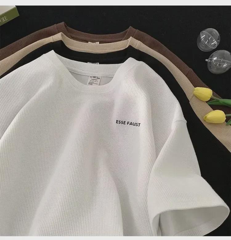 Мужская летняя вафельная футболка в японском стиле с коротким рукавом свободного покроя