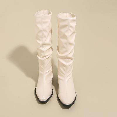 Современные ботинки на квадратном каблуке до середины икры, зимняя женская обувь без застежек, распродажа 2024 года, модные ботинки с острым носком и средним каблуком, однотонные, с шитьем