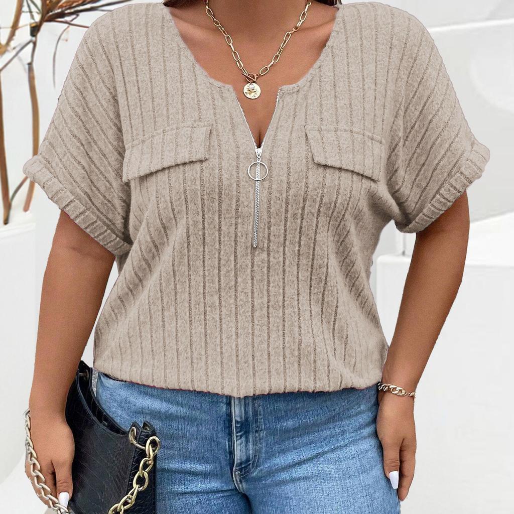 Spring and Summer New Solid Color Large Women's Top Zipper Short Sleeve Fake Pocket Pullover T-shirt Loose