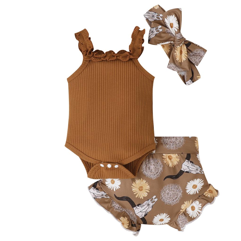 Костюм для девочек-брюк, повседневный комбинезон с открытыми плечами + шорты с принтом быка + повязка на голову 