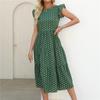 Polka Dot Print Summer Women Long Dress Round Neck Ruffled Sleeveless