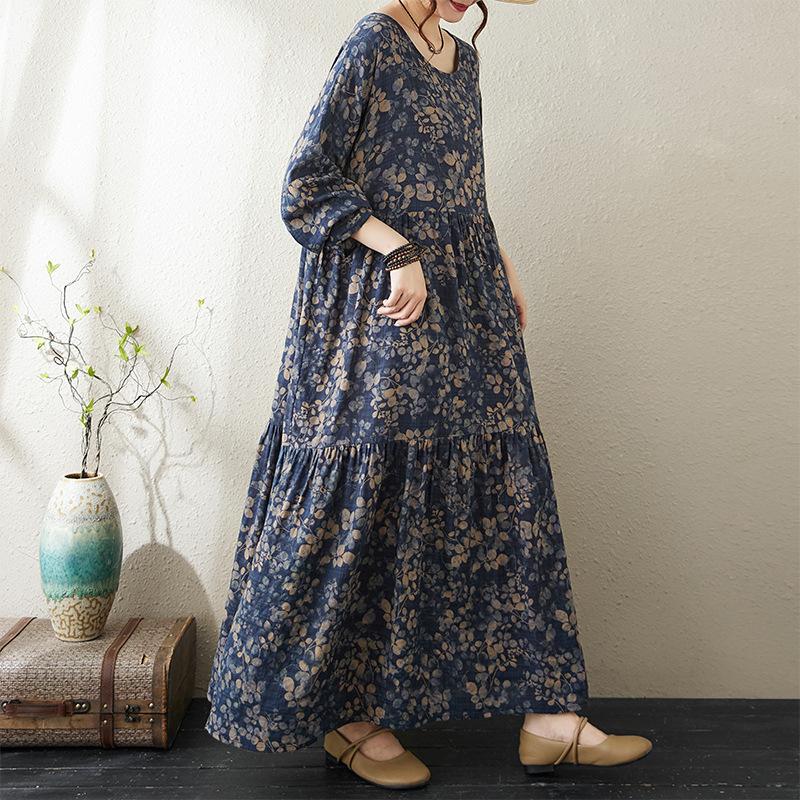 Autumn Thin Cotton Linen Fat MM Long Sleeved Loose Casual Slimming Cake Big Swing A-line Dress for Women Dresses