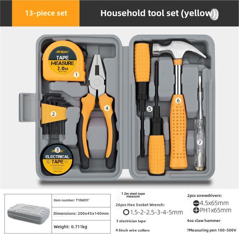 Многофункциональный набор инструментов для домашнего ремонта с плоскогубцами, рулеткой, молотком.