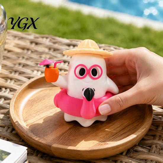 Indoor Seasonal Decorations 3D Printed Summer Ghost Figurine, Cute Beach Theme Ornament with Summerween Party Supplies Straw Hat Swimming Ring