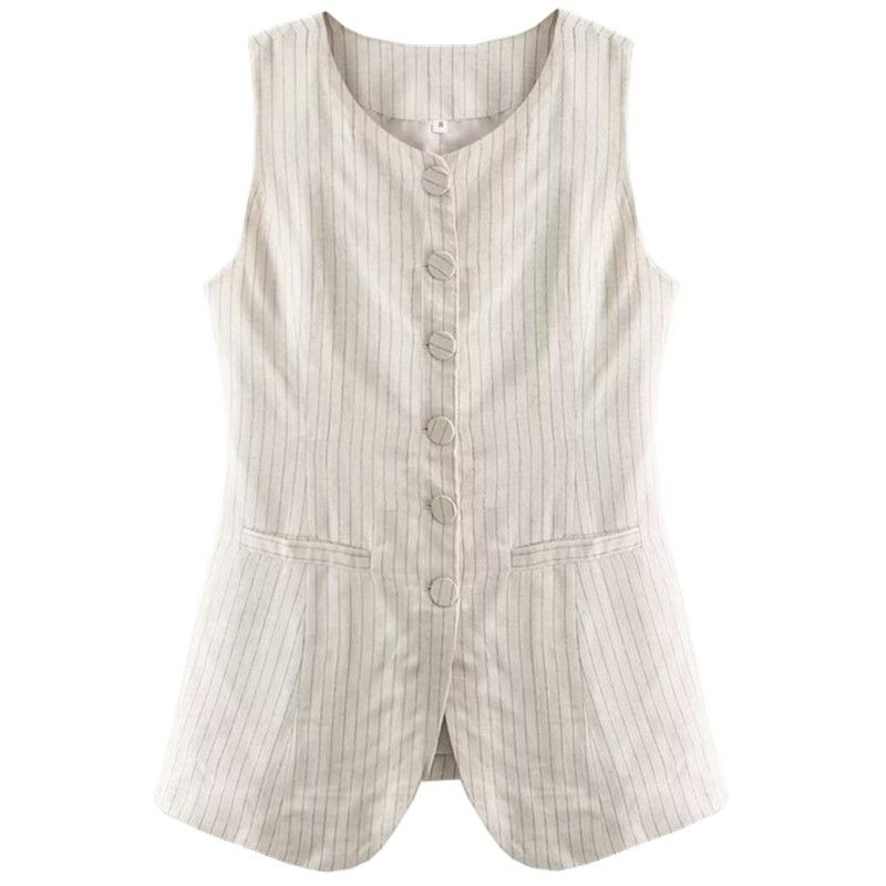 Fashion Style 2024 Spring/Summer New Arrival Women's Clothing Temperament Wild Hemp Cotton Stripes Long Vest Coat 1227466