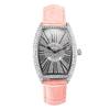 Trendy Iced Out Silver Full Diamond Face Leather Oval Quartz Watch with Pink Black Brown White Leather Watchband