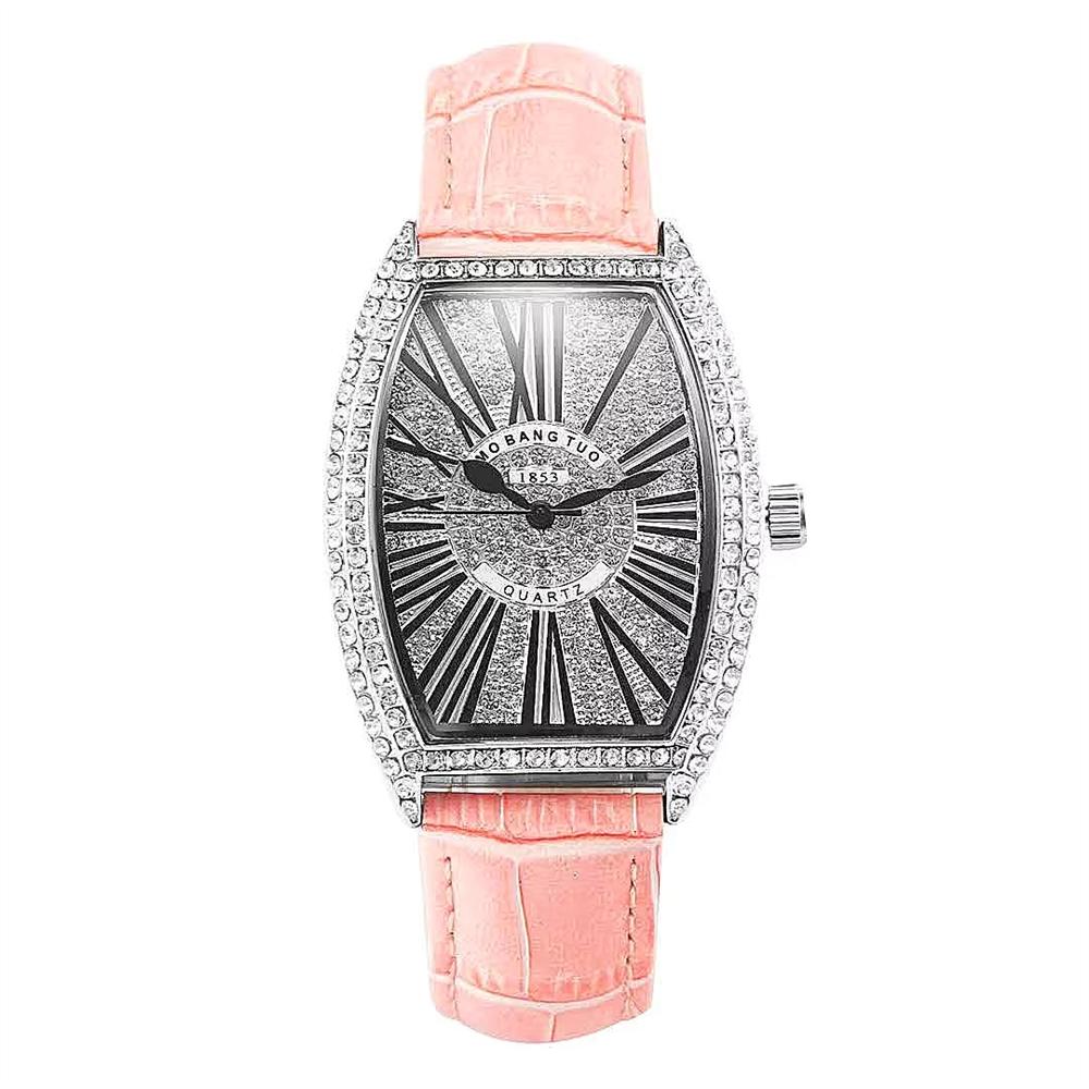 Trendy Iced Out Silver Full Diamond Face Leather Oval Quartz Watch with Pink Black Brown White Leather Watchband