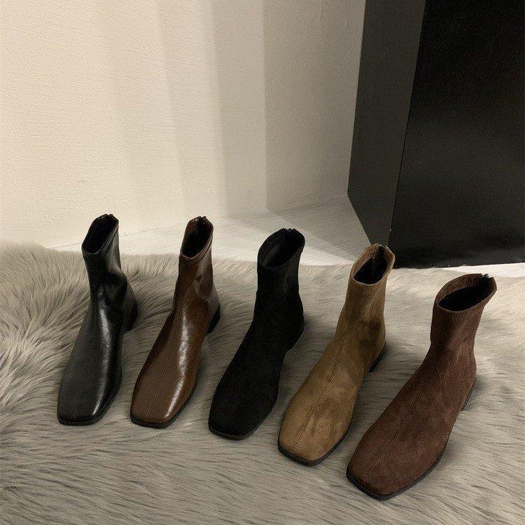 Martin boots genuine leather Korean retro square head suede thick heel heightened thin short boots women's autumn and winter