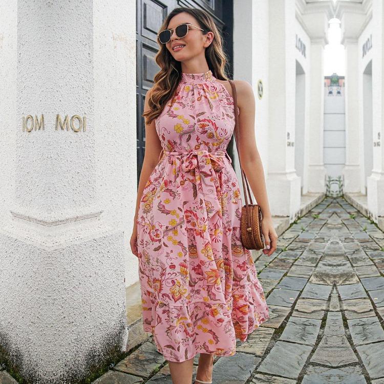 Винтажное платье халтер без рукавов длинное женское на шнуровке с принтом весна лето для отпуска S-XL