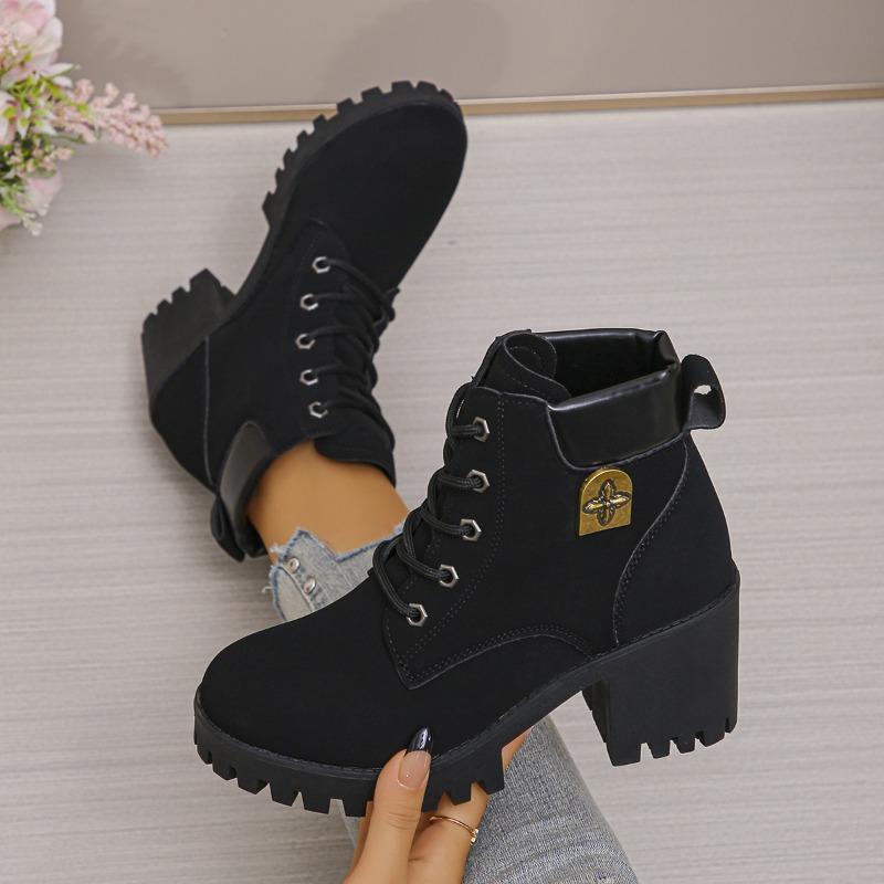 Foreign Trade Large Size Thick Heel British Style Color Matching Martin Boots Women's New Thick-soled Waterproof Table Lace-up Leather Boots
