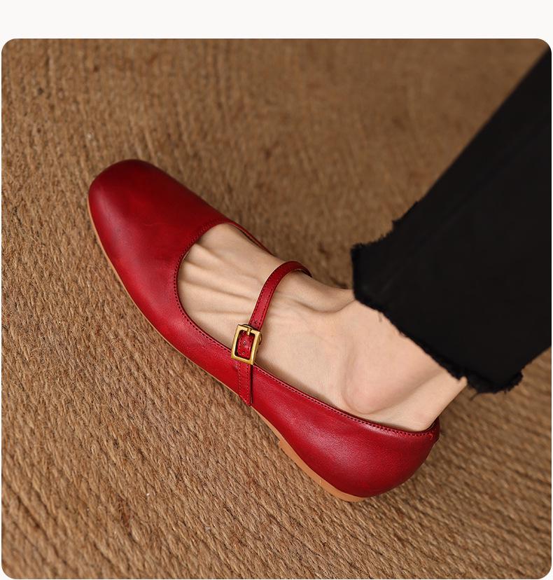 Retro Soft Sole Mary Jane Flats, Round Toe, Washed Genuine Leather, Women's Sizes 33-40