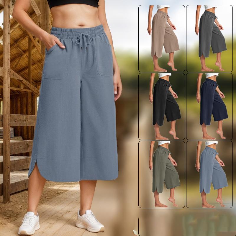 Женские весенне-осенние модные базовые однотонные брюки-капри с высокой посадкой и широкими штанинами с карманом