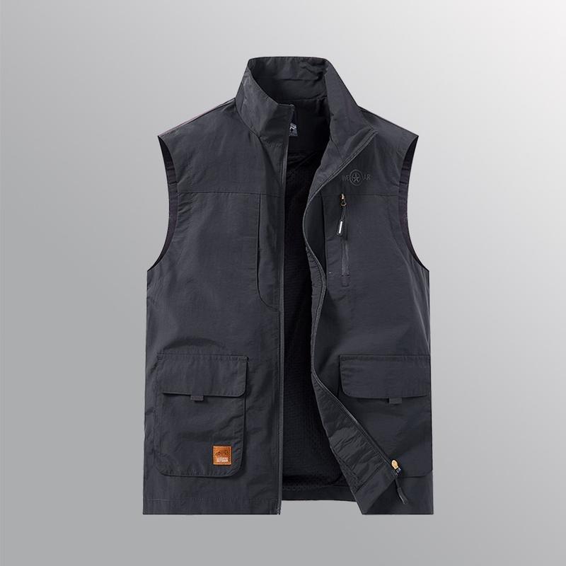 Men's Multi-Pocket Vest Khaki Cotton Rabbit Fur Standing Collar Casual Sports