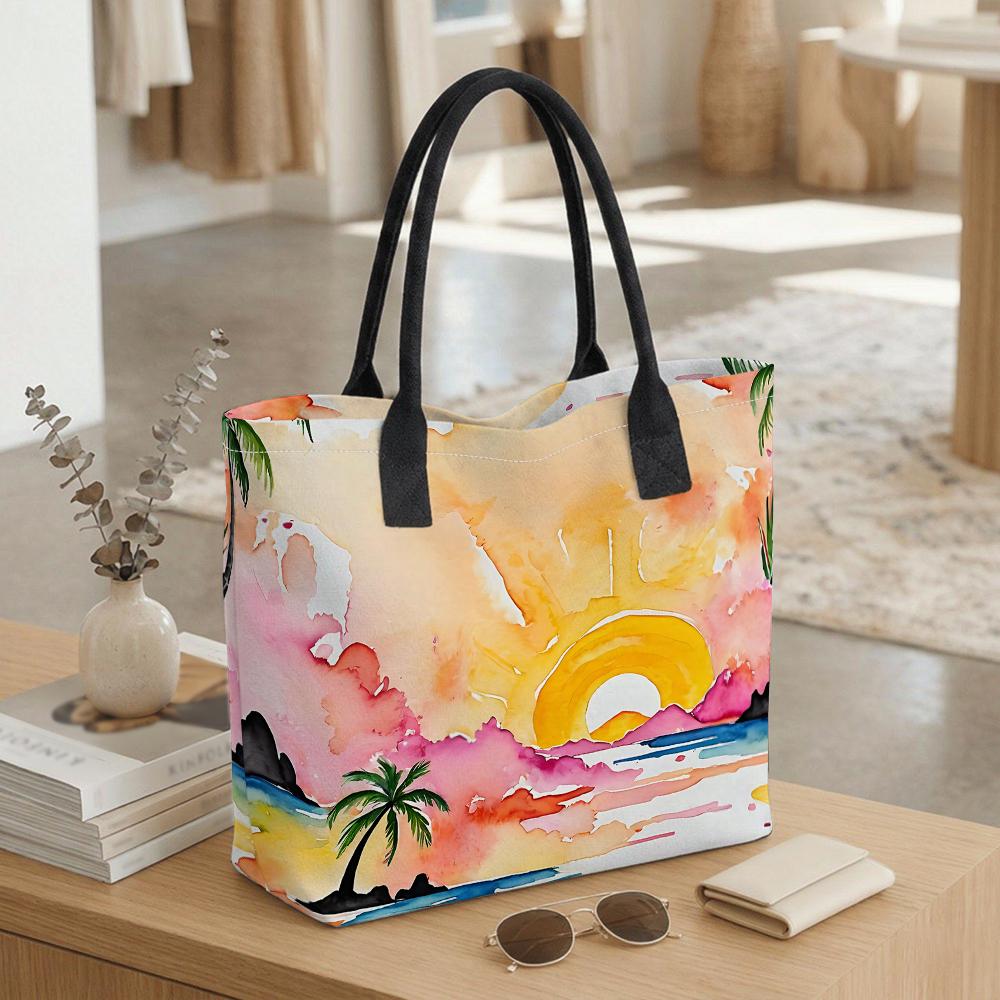 Watercolor Beach Sunset Tote Bag Summer Casual Large Capacity Handbag for Travel