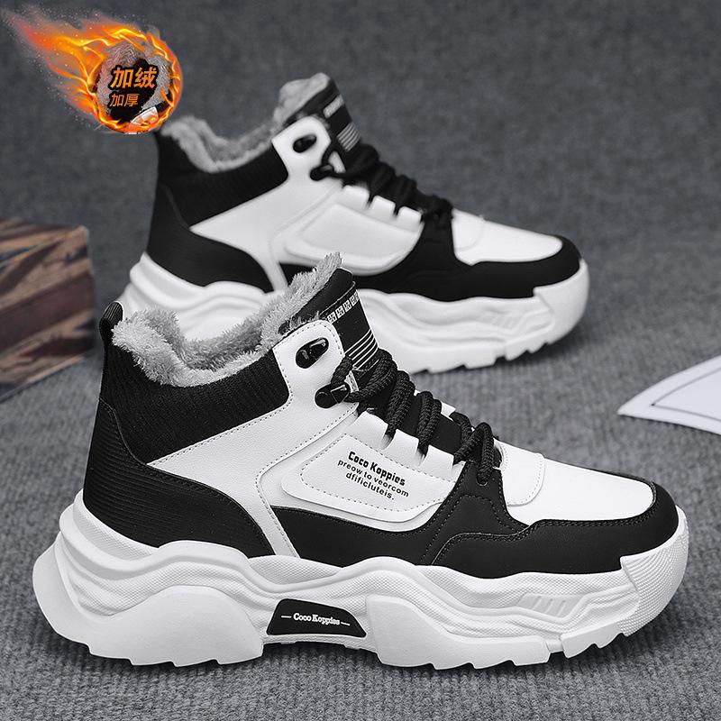 Высокие мужские туфли 2024 года, новые зимние бархатные теплые спортивные туфли из хлопка, мужские модные кроссовки для папы на толстой подошве