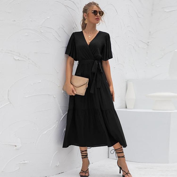 Women Summer Fall Casual Long Dress Solid V-neck Short Butterfly Sleeve Bandage Belt Sizes S-XXL