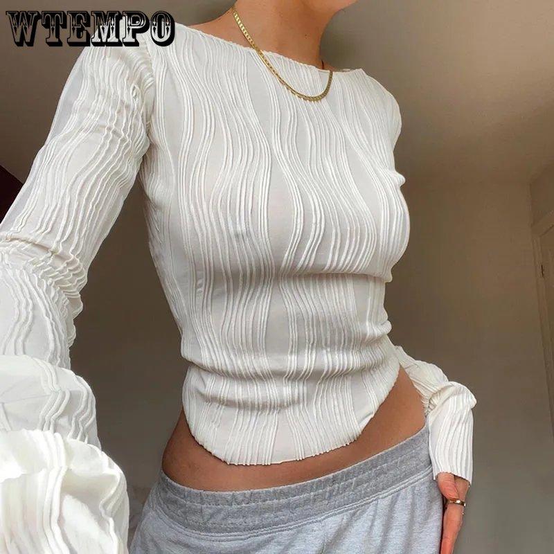 Весенне-осенние однотонные футболки с длинными рукавами и рюшами, женские повседневные белые облегающие черные базовые футболки Y2K, уличные укороченные топы