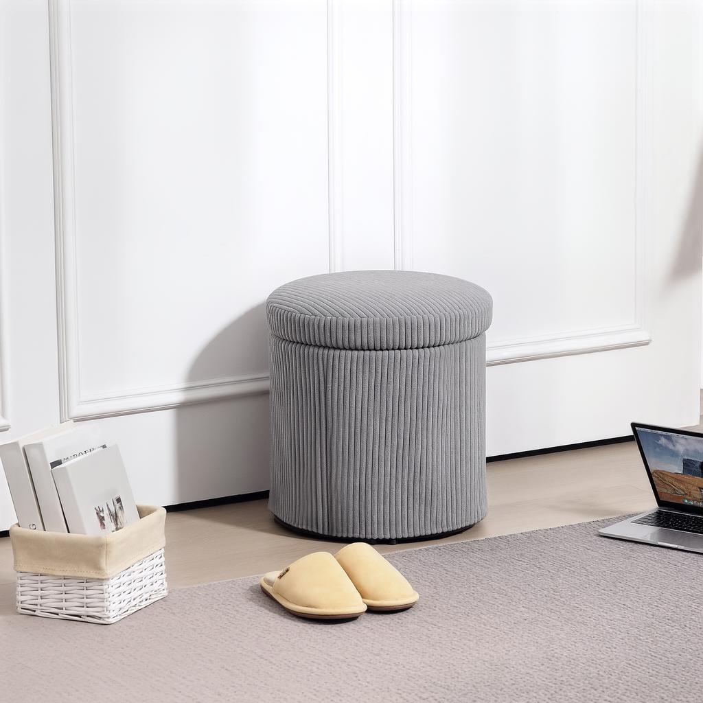 Puff With Storage Round Upholstered In Corduroy With Stable Steel Structure And Soft Padding Ø40x41 Cm Light Gray