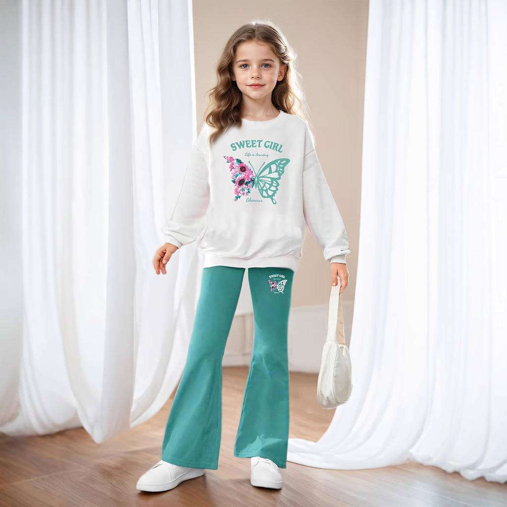 Комплект из 2 предметов для девочек, толстовка с длинными рукавами и принтом «бабочка» + расклешенные брюки, повседневный детский костюм на осень