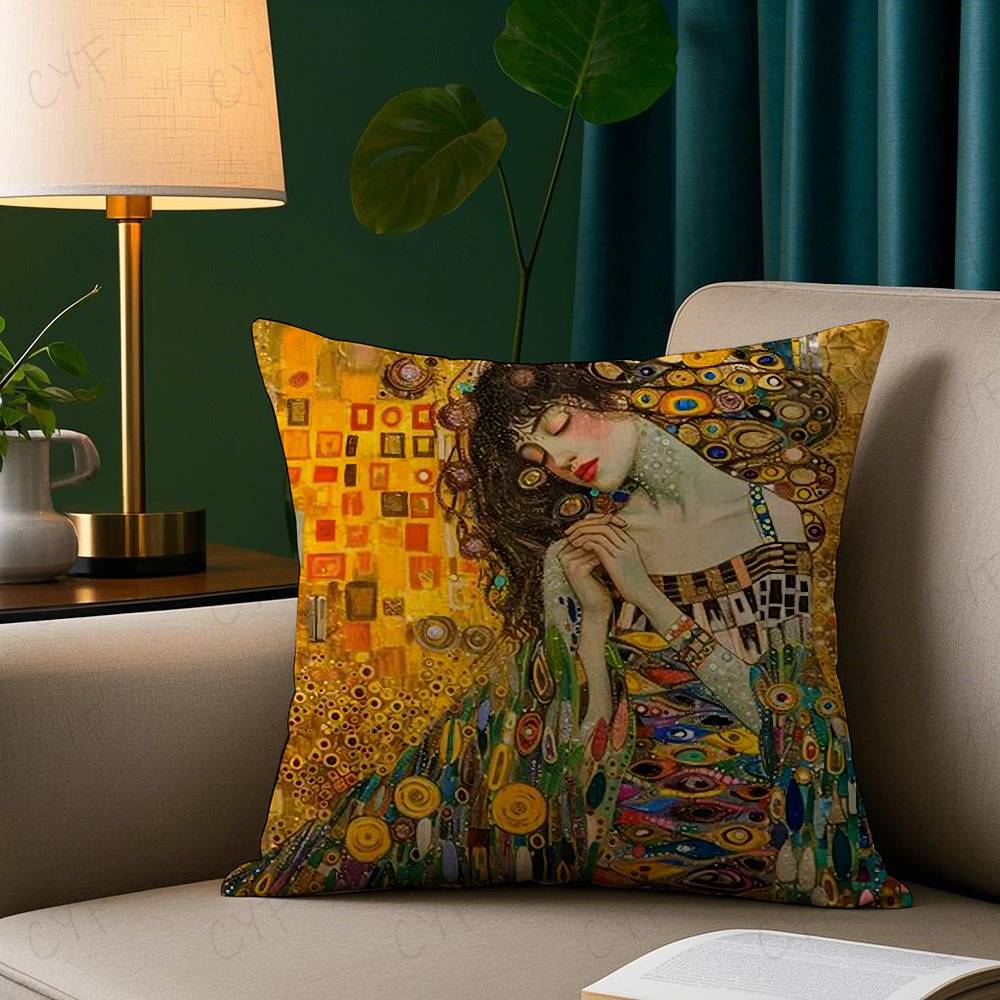Gustav Klimt Oil Painting Pillow Case Safe Custom Photo Pillow, Anti-fade Brushed Fleece Cushion, Maternal & Infant Safe.