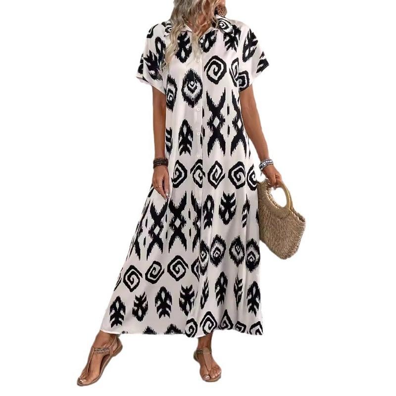 Летнее элегантное женское платье с разрезом и геометрическим принтом, длинное платье-рубашка
