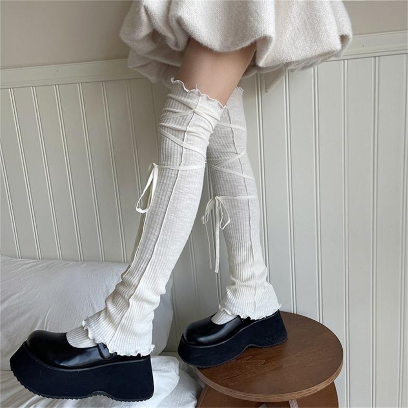 Japanese Ribbed Thigh High Leg Warmers Lace Up Bandages Over Knee Flared Leg Covers Ruffle Trim Footless Socks for Women