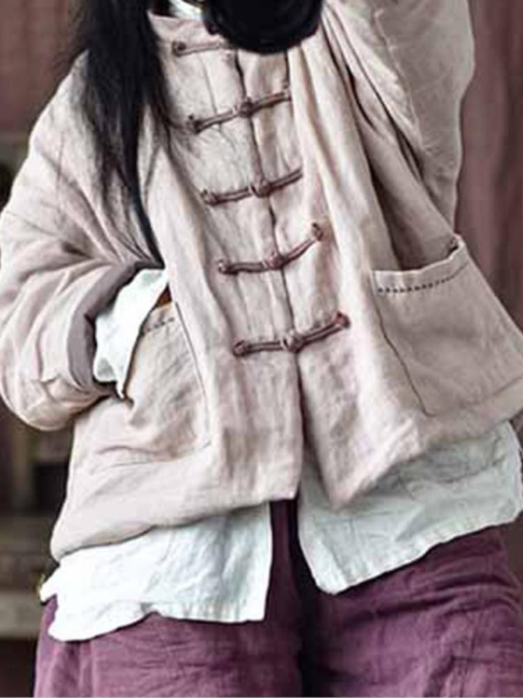 Johnature Женские винтажные льняные парки на пуговицах, однотонные пальто, зимние пальто со стойкой и хлопковыми карманами, женские китайские парки