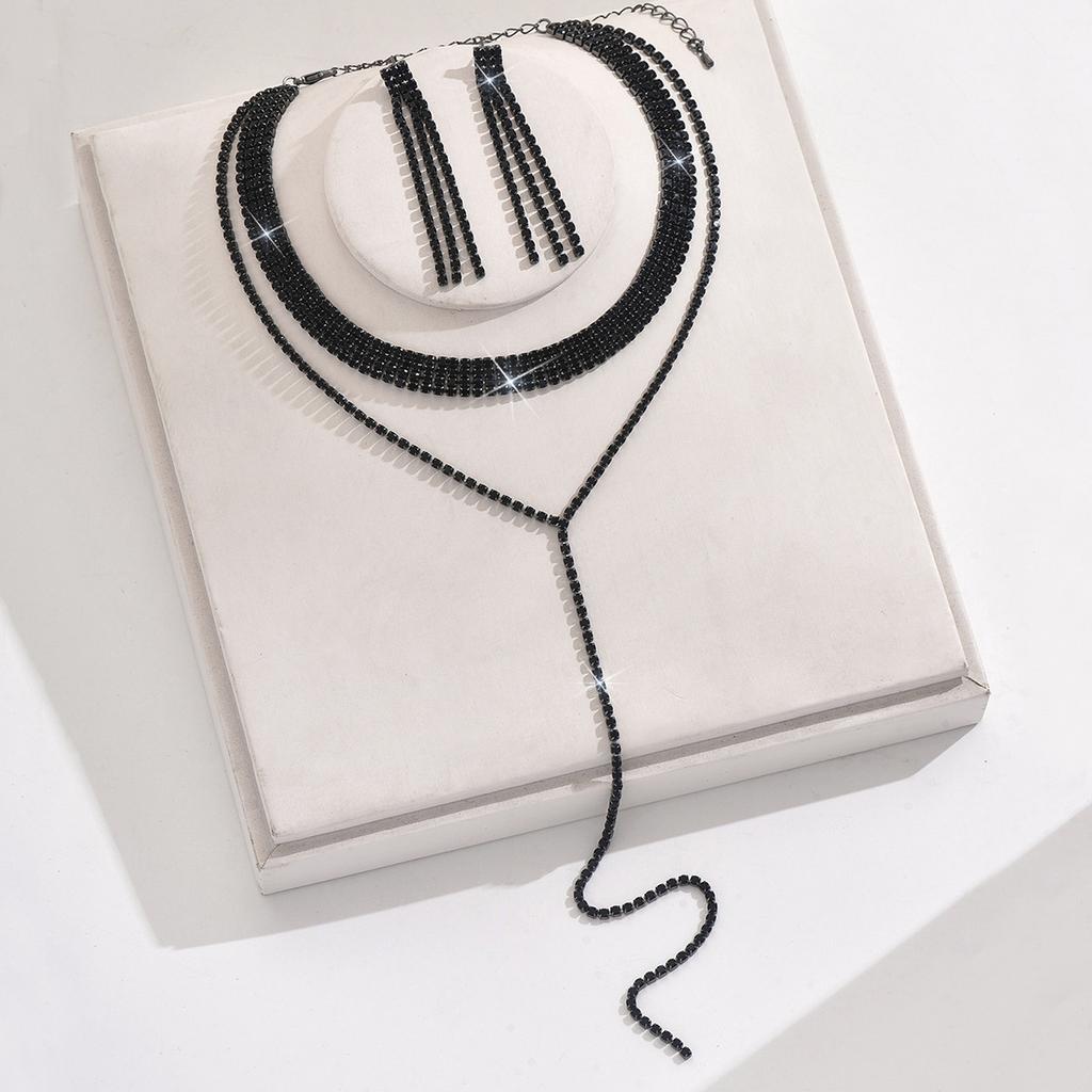 Full Diamond Multi-Layer Neck Chain Simple Long Fringed Necklace Earrings Collarbone Chain