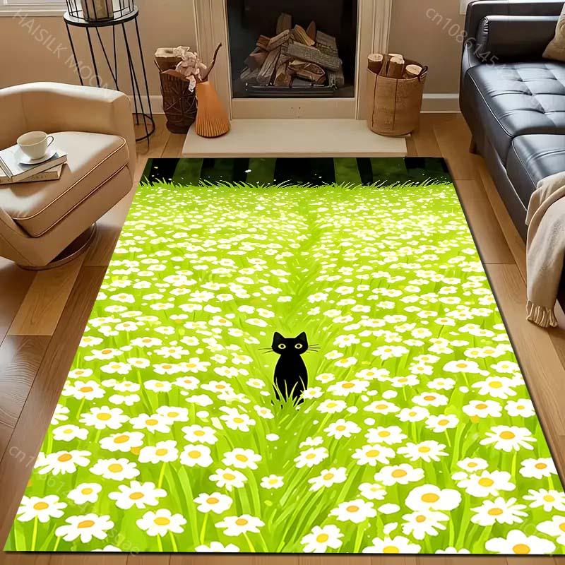 1PC Black cat in flower field Pattern Rug Carpets for Bedroom Living Room Sofa Mat Creative Door Mat Cloakroom Home Decor