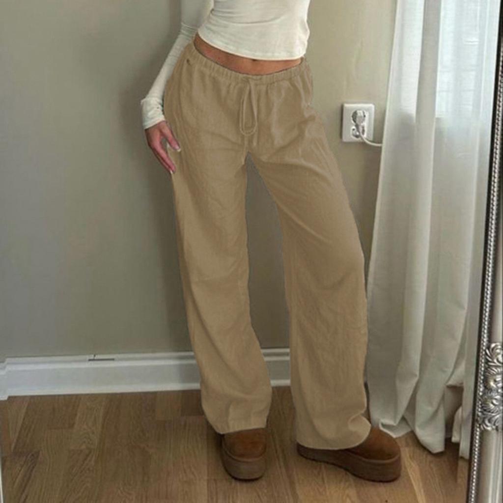 Women's Low-rise Loose Wide-leg Casual Cotton And Linen Drawstring Straight Casual Trousers
