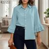 Women Casual Turn Down Collar Solid Color 3/4 Sleeve Loose Blouse