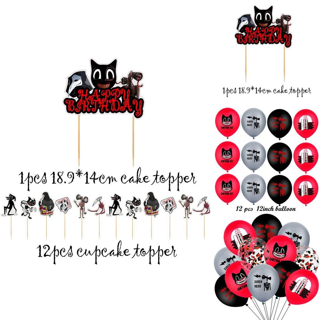 Сиреноголовый Мультяшный Кот Тема Ужасов Баннер из Воздушных Шаров Набор Топперов для Торта на День Рождения