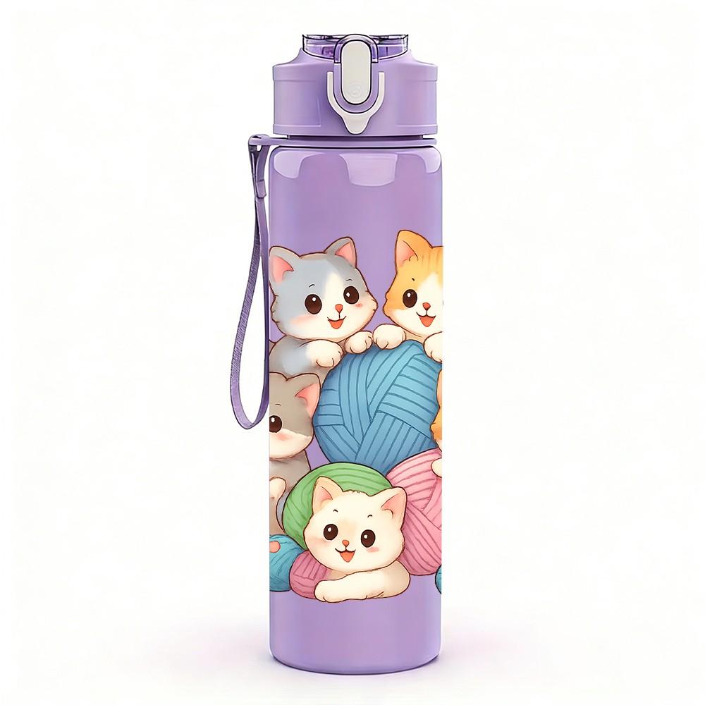 1PC Multi Breed Cat Toy Pattern 750ml Color Plastic Sports Water Bottle Leakproof Flip Straw Lid Suitable for Sports Office Home Use