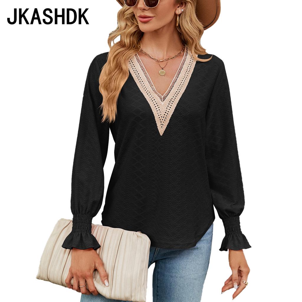 JKAASHDK женские модные повседневные однотонные принты весенне-осенние блузки и рубашки с v-образным вырезом и длинными рукавами