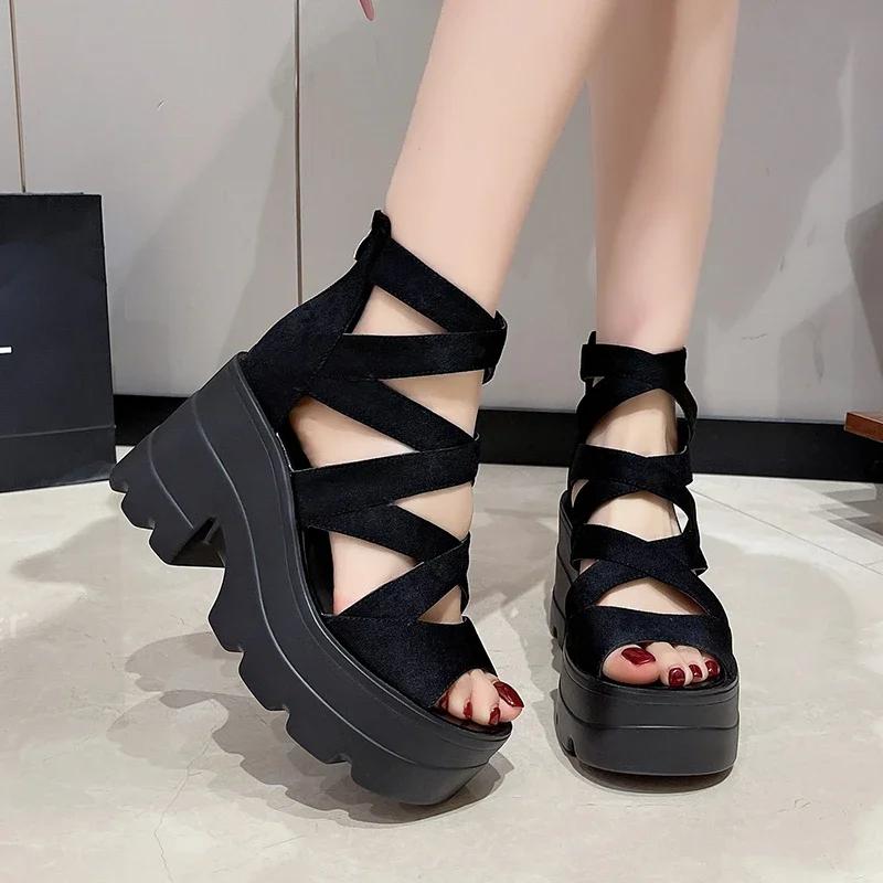 Fashion Women Shoes 2025 New Summer Square Heel Sandals Round Head Hollow-out Suede Back Zipper Waterproof Shoes for Women High Heels