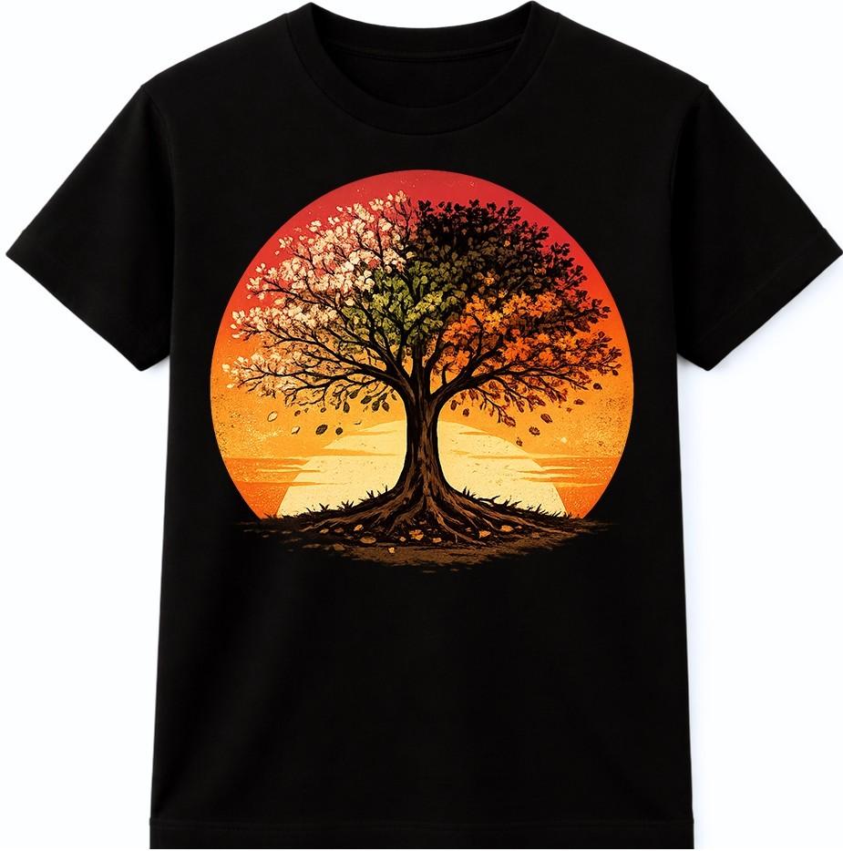 Tree Sunset Four Seasons T Shirt Colorful Nature Landscape Graphic Tee