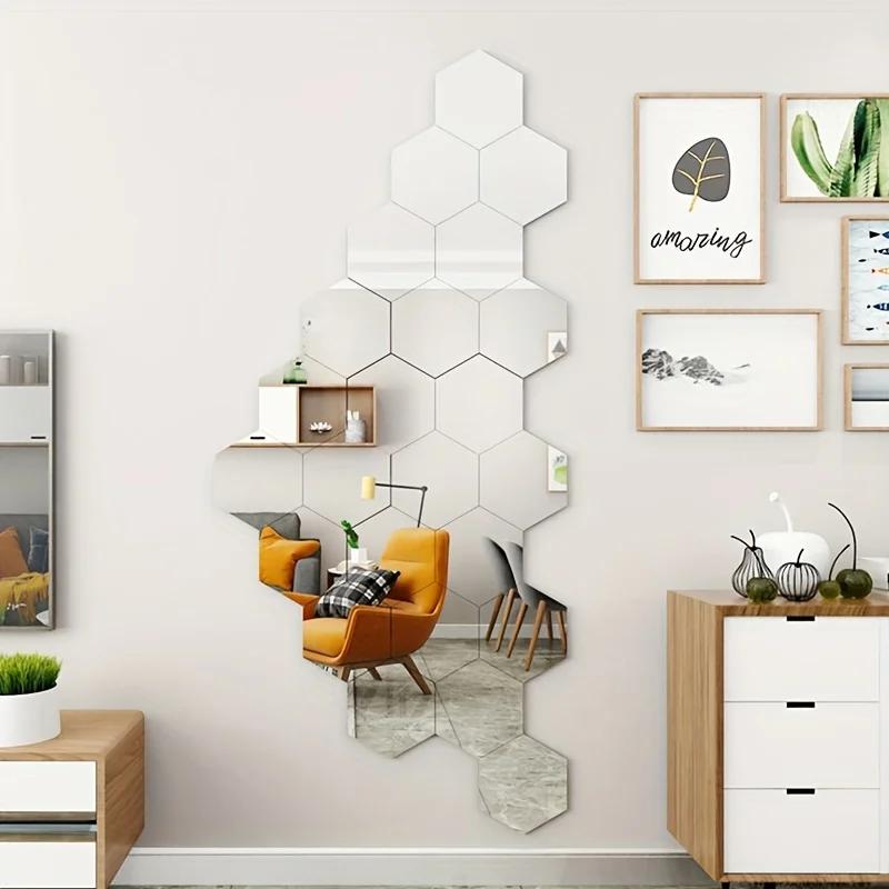12Pcs Hexagon Acrylic Mirror 3D Wall Sticker Mirror Home Decoration DIY Removable Mirror for Living-Room Art Ornaments