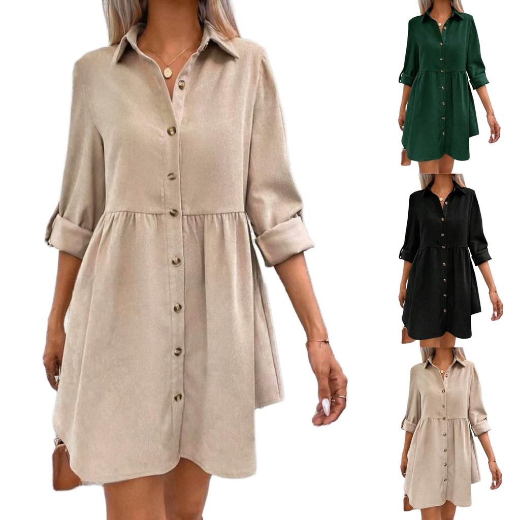 Women's Casual And Fashionable Long Sleeved Lapel Single Breasted Skirt Type Shirt Dress