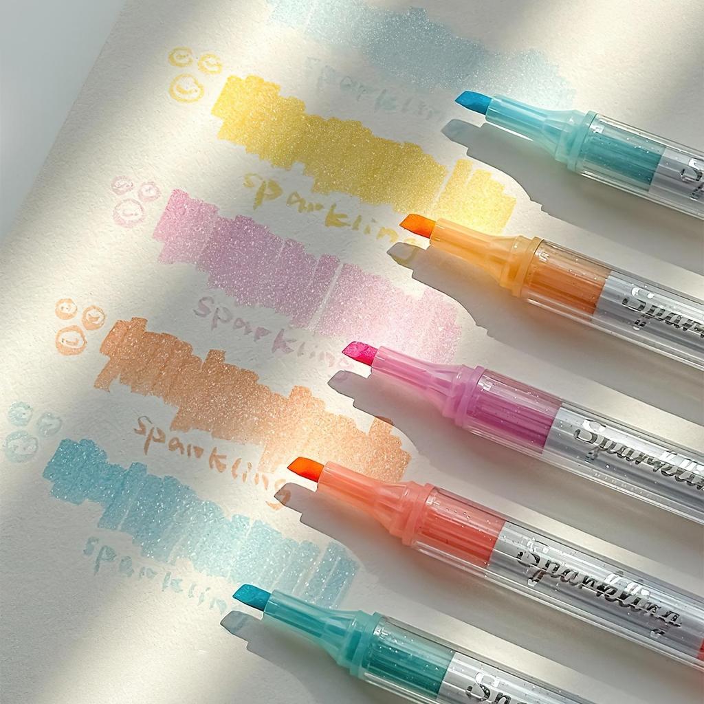 5pcs Mild Colors Highlighter Pens Set, Morandi Protect Vision Soft Chisel Brush Tip - Hued & Sparkling Fluorescent Markers