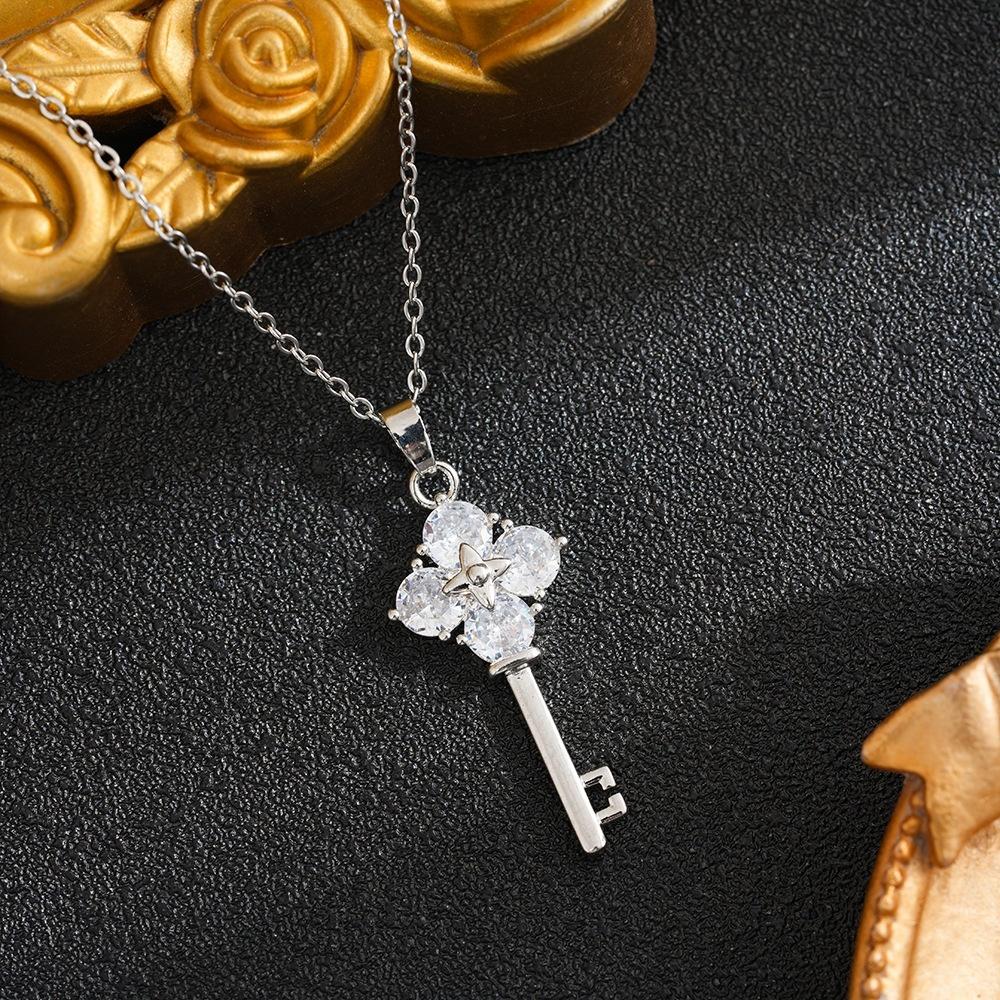 Stainless Steel Waterproof Gold Silver Color Zircon Key Pendant Necklace for Women Fashion Exquisite Clavicle Chain Jewelry