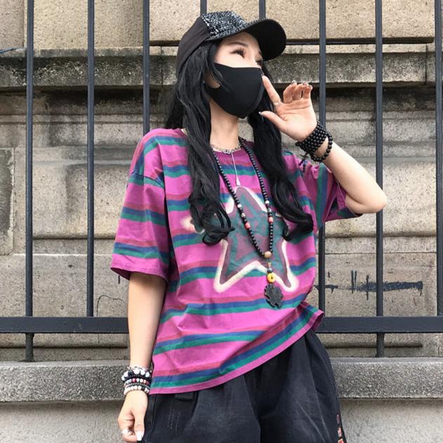 DIMANAF 2025 Летняя футболка женская с принтом звезд в полоску с коротким рукавом свободная черная