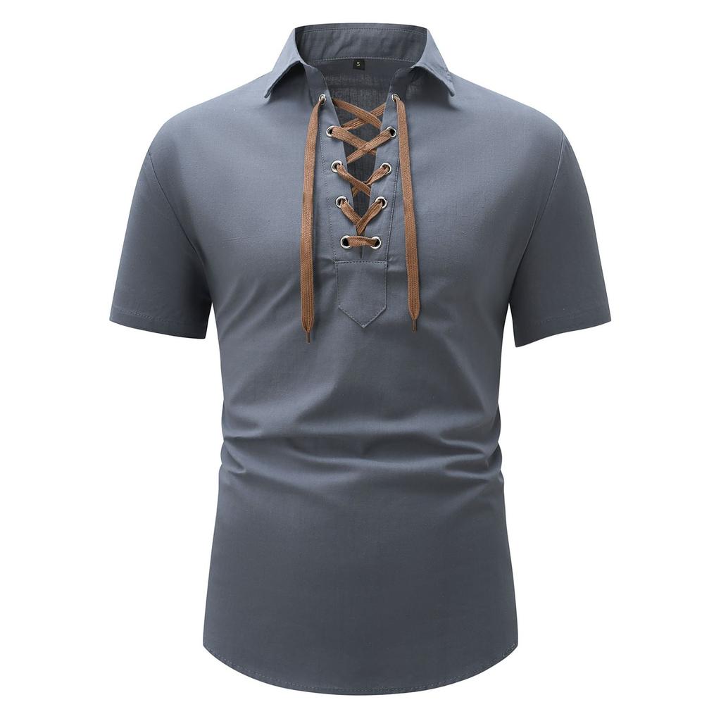 Винтажная футболка с отложным воротником на шнурке, мужская летняя повседневная однотонная хлопковая льняная футболка с коротким рукавом для отдыха