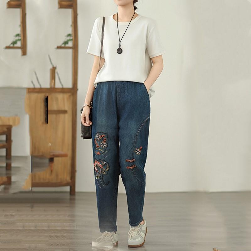 Большие размеры Тонкие Винтажные вышитые цветочные с высокой талией повседневные свободные Женские летние джинсы деним Шаровары