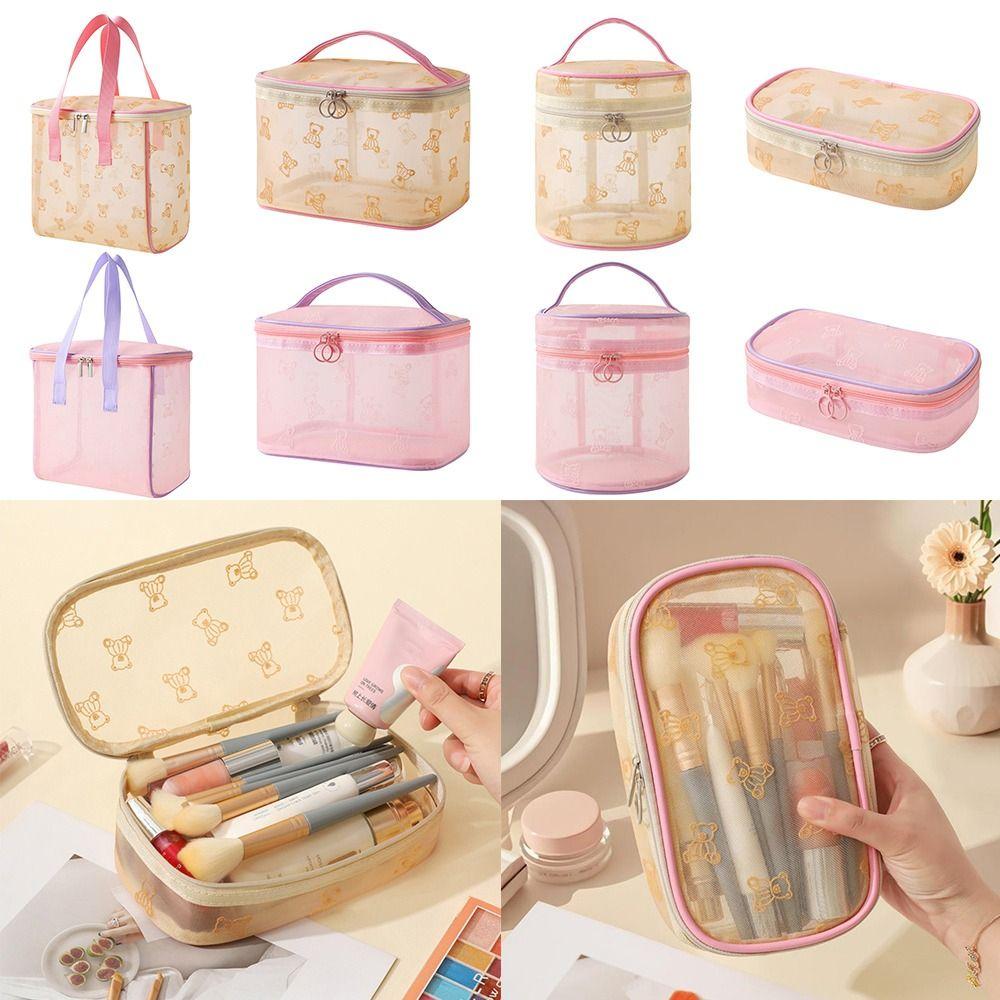 New Pink Beige Mesh Cosmetic Bag Gauze Cartoon Bear Makeup Bag Large Capacity Toiletries Bag Travel Outdoor