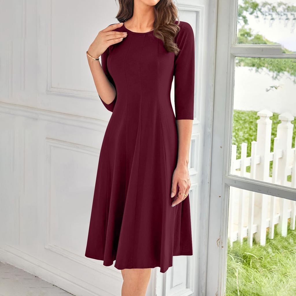 Women's Casual Fashion Round Neck Three Quarter Sleeve Solid Color Midi Dress