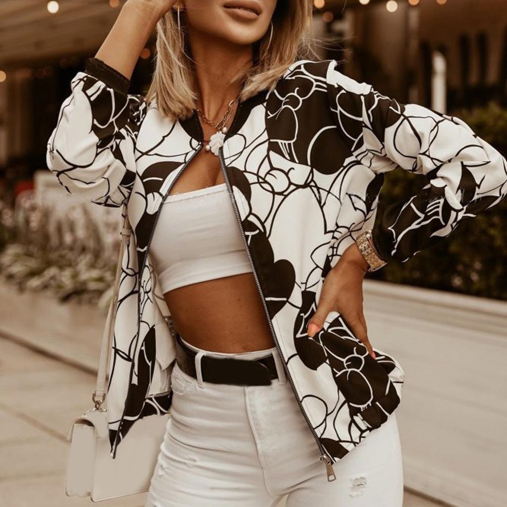 Женская мода с длинным рукавом на молнии с принтом повседневная короткая куртка пальто
