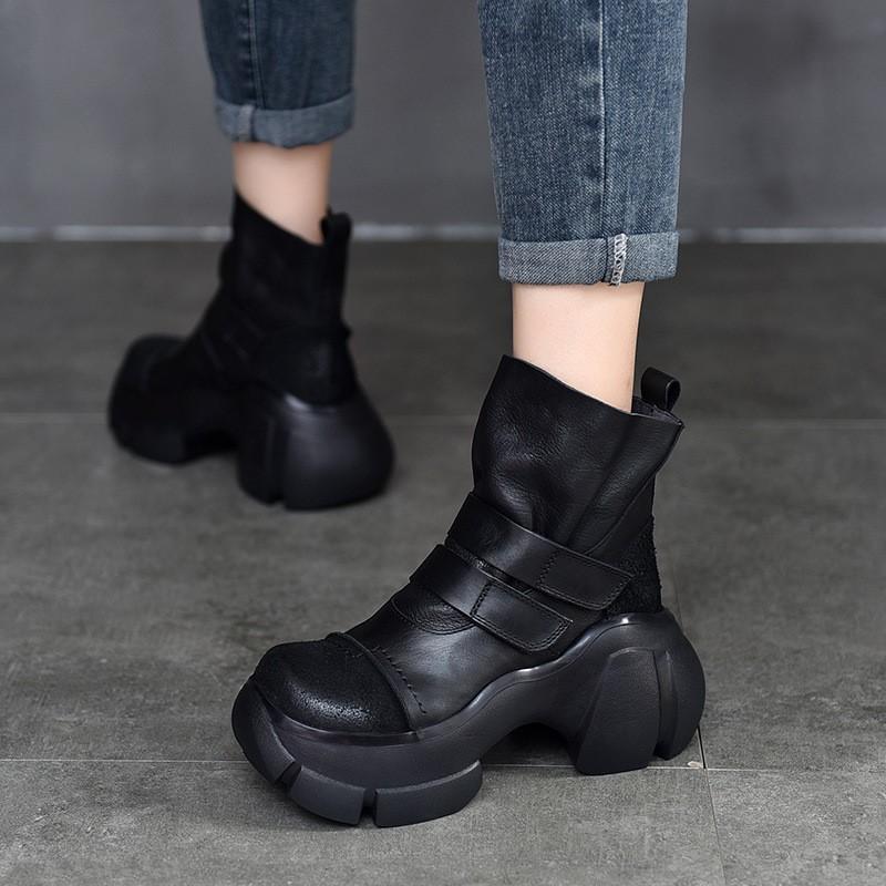 GKTINOO Ретро Ботильоны на Толстой Подошве 2024 Осень Зима Новые Натуральная Кожа Круглый Носок Однотонные Универсальные Туфли на Платформе