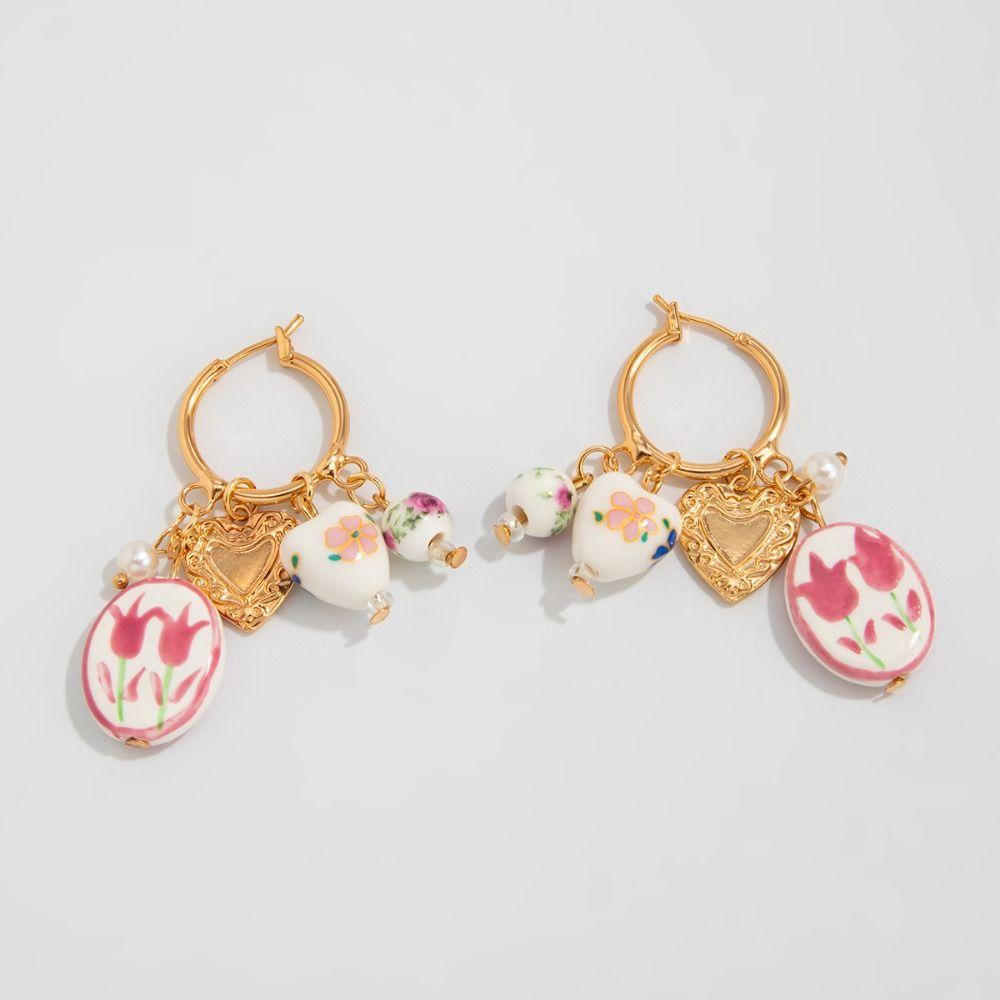 Ювелирные аксессуары Сине-белые фарфоровые серьги Цинк Цинковый сплав Серьги-кольца Керамическая ушная пряжка Вечеринка