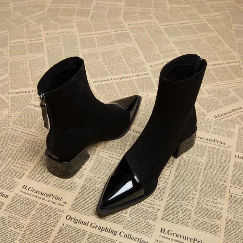 Осень-зима Флисовые женские носки Ботильоны Модные женские элегантные теплые короткие ботинки на квадратном каблуке Женская обувь